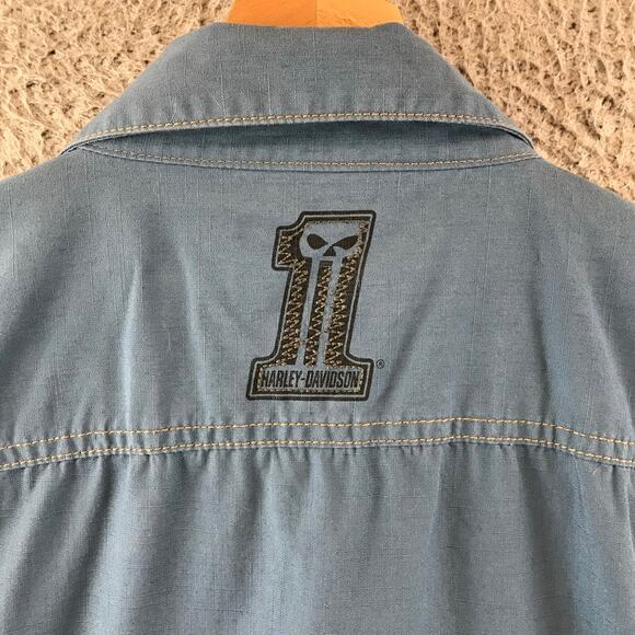HARLEY DAVIDSON DARK KUSTOM MENS L BUTTON FRONT BLUE HDMC SHIRT - Picture 3 of 8